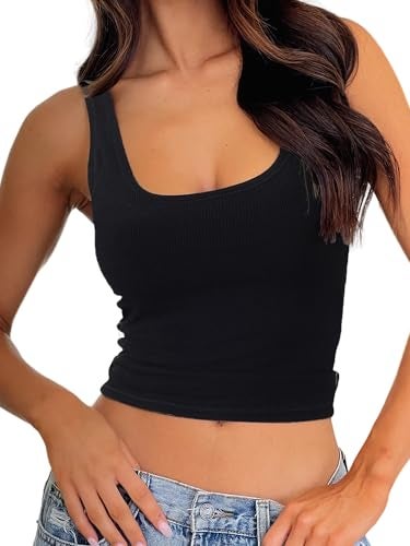 Danysu Women Cotton Rib Tank Top with Built in Bra Square Neck Crop Tank Fitted Basic Tops Black Solid S - Image 1