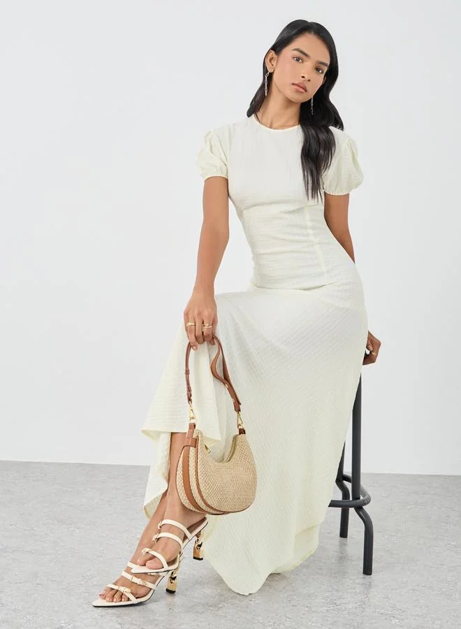 Take Two Take Two Textured Puff Sleeve Round Neck A-Line Maxi Dress