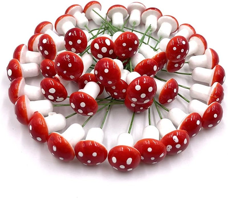 Aliotech 50 Pieces Mini Mushroom Miniatures Artificial Garden Fairy Bonsai Plant Pot Resin Craft Decoration for Home DIY Micro Landscape Decor (Red) - Image 1