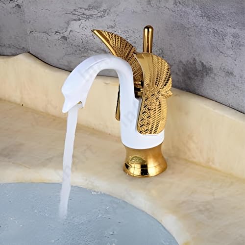 InArt Brass Swan Shape Single Handle Bathroom Sink Faucet, Hot & Cold Water, Waterfall Lavatory, Gold, Deck Mount, Lever Handle, Modern Style - Image 1
