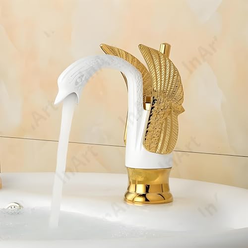 InArt Brass Swan Shape Single Handle Bathroom Sink Faucet, Hot & Cold Water, Waterfall Lavatory, Gold, Deck Mount, Lever Handle, Modern Style - Image 2