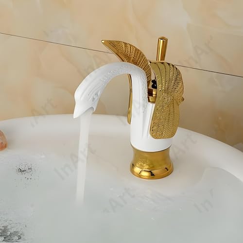 InArt Brass Swan Shape Single Handle Bathroom Sink Faucet, Hot & Cold Water, Waterfall Lavatory, Gold, Deck Mount, Lever Handle, Modern Style - Image 3