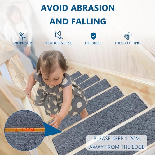 KOOTETA Stair Treads for Wooden Steps Indoor, 15 Pack 8" X 30" Non Slip Carpet Stair Treads with Reusable Adhesive for Kids Elders and Dogs, Surface Polyester TPR Backing Stair Runner Rugs, Dark Grey - Image 5