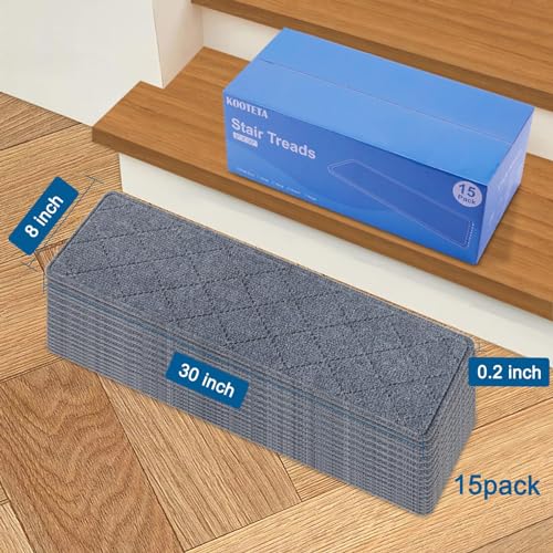 KOOTETA Stair Treads for Wooden Steps Indoor, 15 Pack 8" X 30" Non Slip Carpet Stair Treads with Reusable Adhesive for Kids Elders and Dogs, Surface Polyester TPR Backing Stair Runner Rugs, Dark Grey - Image 3