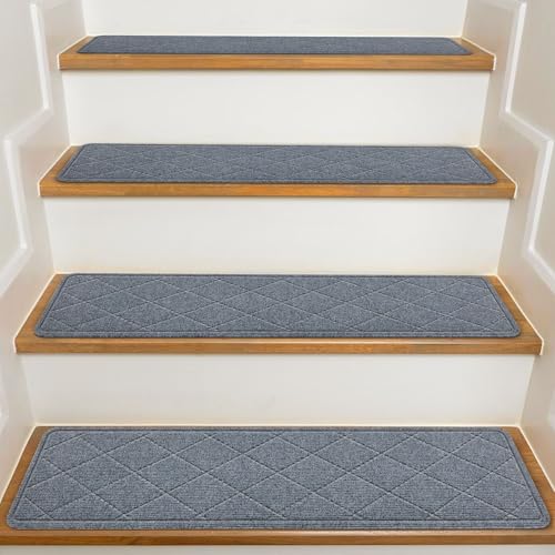 KOOTETA Stair Treads for Wooden Steps Indoor, 15 Pack 8" X 30" Non Slip Carpet Stair Treads with Reusable Adhesive for Kids Elders and Dogs, Surface Polyester TPR Backing Stair Runner Rugs, Dark Grey - Image 1