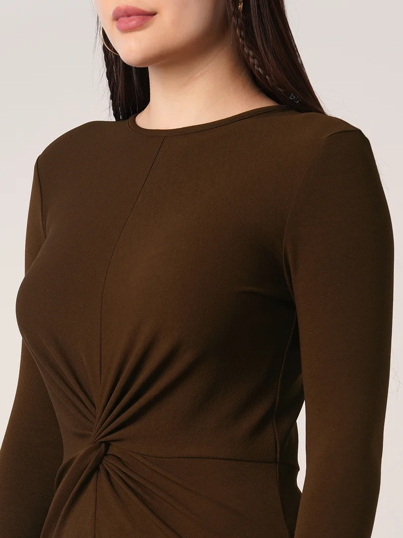 globus Women Coffee Brown Round Neck Long Sleeves Solid Twisted Detail Midi Bodycon Party Dress