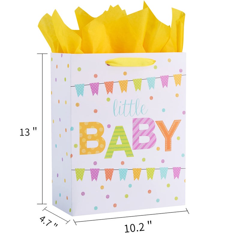 SUNCOLOR Large Gift Bag for Baby Shower with Tissue Paper, White Paper Bag with Colorful Banner Design, 13x10.2x4.7 Inches, Includes Card and Yellow Tissue Paper - Image 4
