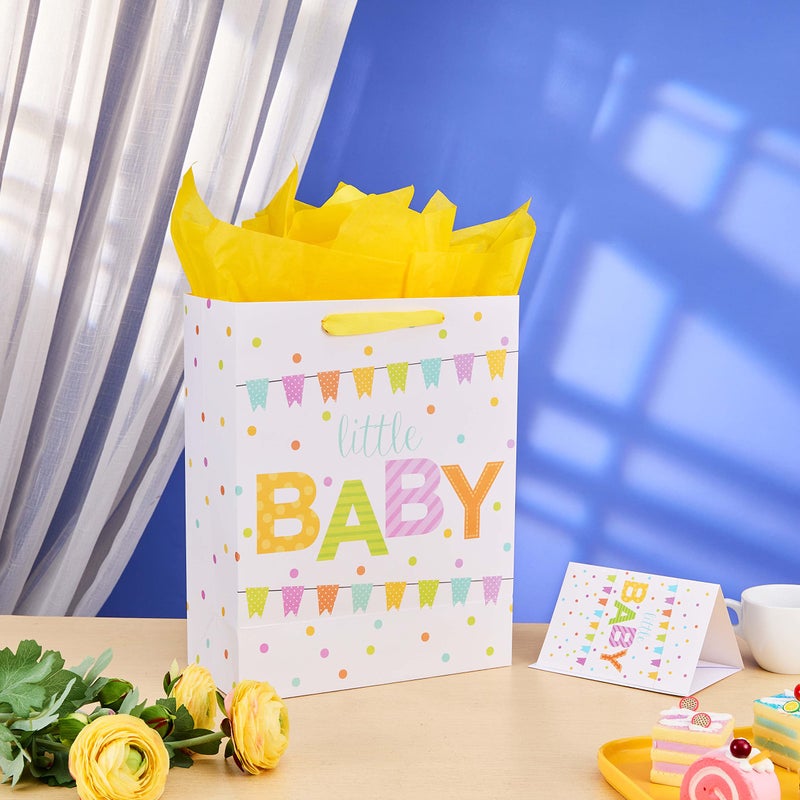 SUNCOLOR Large Gift Bag for Baby Shower with Tissue Paper, White Paper Bag with Colorful Banner Design, 13x10.2x4.7 Inches, Includes Card and Yellow Tissue Paper - Image 5