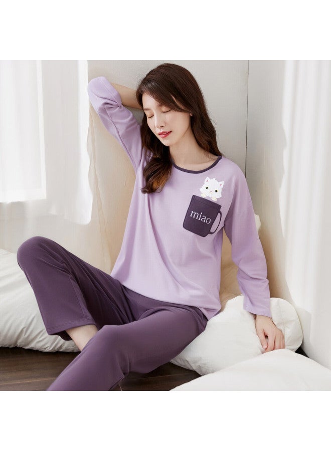 Top melon Dingguagua Women's Pure Cotton Spring Summer Round Neck Long Sleeve Pajama Set 21960 Size 160 - Image 1