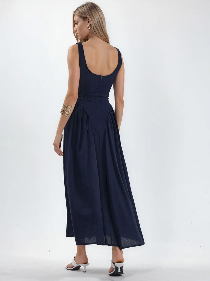 بوسيم BUSEM Square Collar Belted Midi Dress