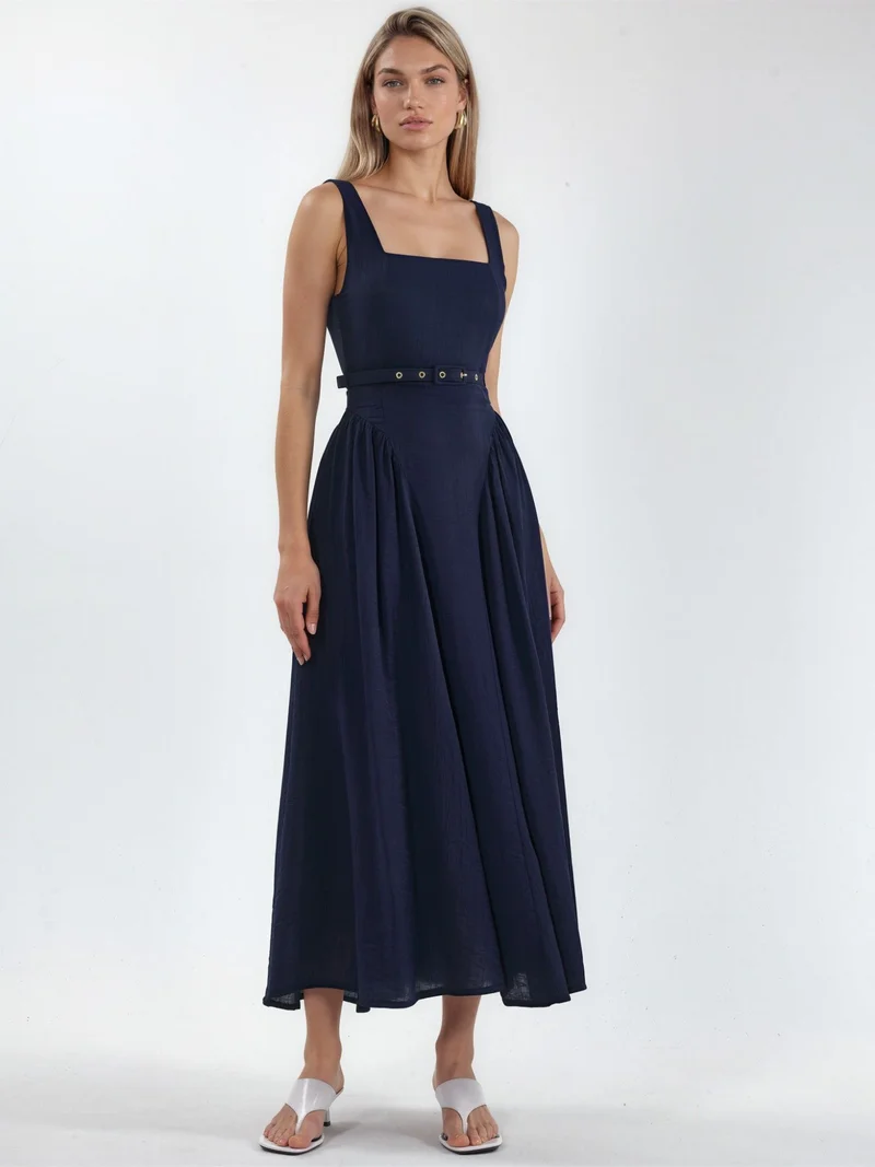 بوسيم BUSEM Square Collar Belted Midi Dress