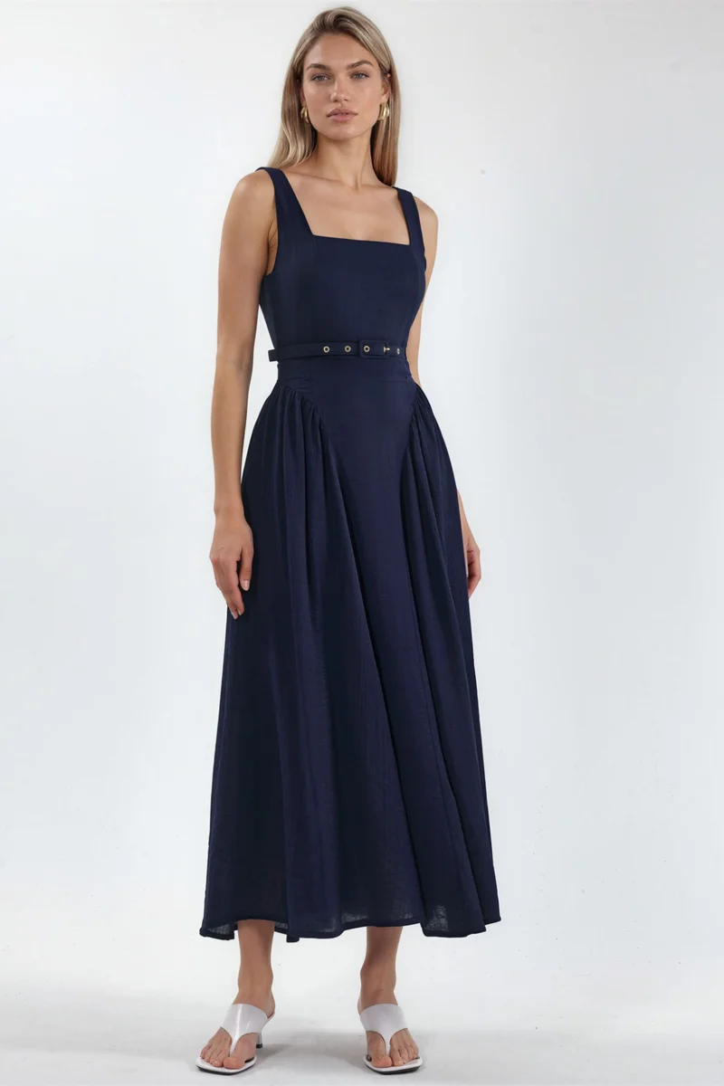 Busem BUSEM Square Collar Belted Midi Dress