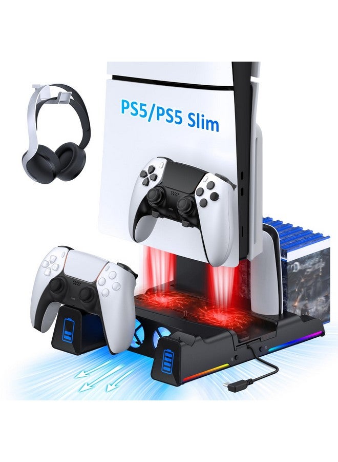 نيكسيجو حامل تبريد صامت Ps5 لكل من وحدات تحكم PS5 وPS5 الجديدة النحيفة، إضاءة LED RGB، محطة شحن مزدوجة، متوافقة مع وحدة التحكم Dual_Sense Edge، القرص الصلب، سماعة الرأس وحامل جهاز التحكم عن بعد، أسود - Image 1
