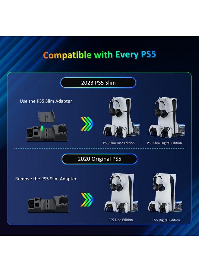 نيكسيجو حامل تبريد صامت Ps5 لكل من وحدات تحكم PS5 وPS5 الجديدة النحيفة، إضاءة LED RGB، محطة شحن مزدوجة، متوافقة مع وحدة التحكم Dual_Sense Edge، القرص الصلب، سماعة الرأس وحامل جهاز التحكم عن بعد، أسود - Image 5