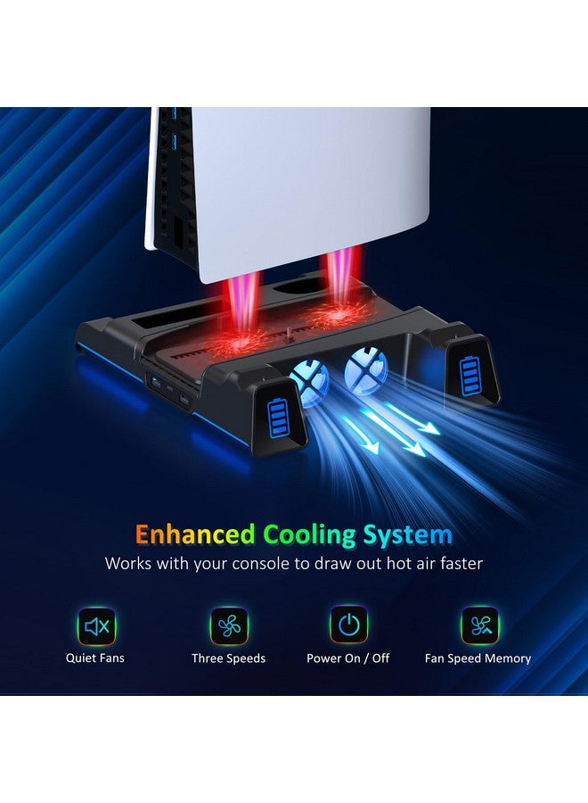 نيكسيجو حامل تبريد صامت Ps5 لكل من وحدات تحكم PS5 وPS5 الجديدة النحيفة، إضاءة LED RGB، محطة شحن مزدوجة، متوافقة مع وحدة التحكم Dual_Sense Edge، القرص الصلب، سماعة الرأس وحامل جهاز التحكم عن بعد، أسود - Image 2