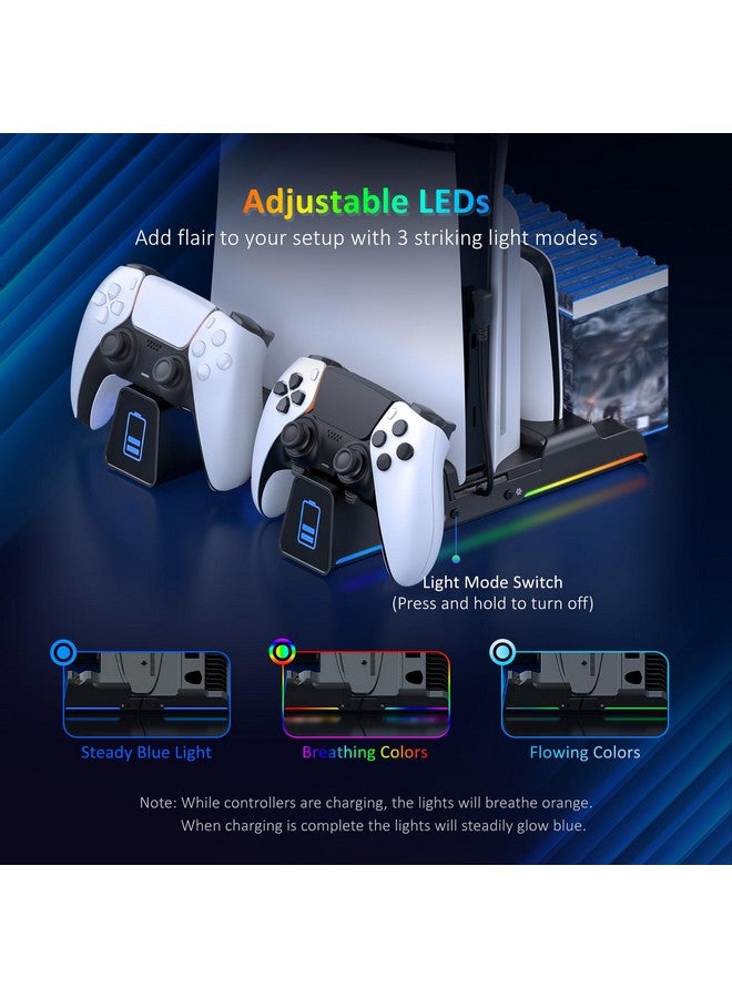 نيكسيجو حامل تبريد صامت Ps5 لكل من وحدات تحكم PS5 وPS5 الجديدة النحيفة، إضاءة LED RGB، محطة شحن مزدوجة، متوافقة مع وحدة التحكم Dual_Sense Edge، القرص الصلب، سماعة الرأس وحامل جهاز التحكم عن بعد، أسود - Image 3