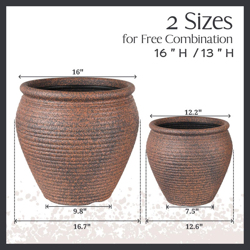 WORTH Clay-Pot-Style Plastic Planter Pots Set of 2 (Large: 17"Dia x 16"H & Small: 13"Dia x 13"H), Rustic style Flower Pots, Lightweight Plant Pots with Drainage Hole & Plug for Indoor & Outdoor Use - Image 5