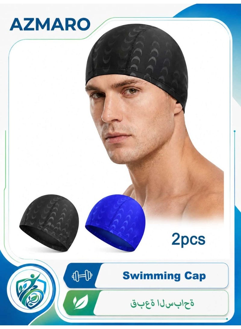 AZMARO 2-Pack Swim Caps for Men & Women, Breathable No Hair Pulling Swimming Hat, Quick-Dry Stretchy Cap for Pool & Beach (Black + Blue) - Image 1