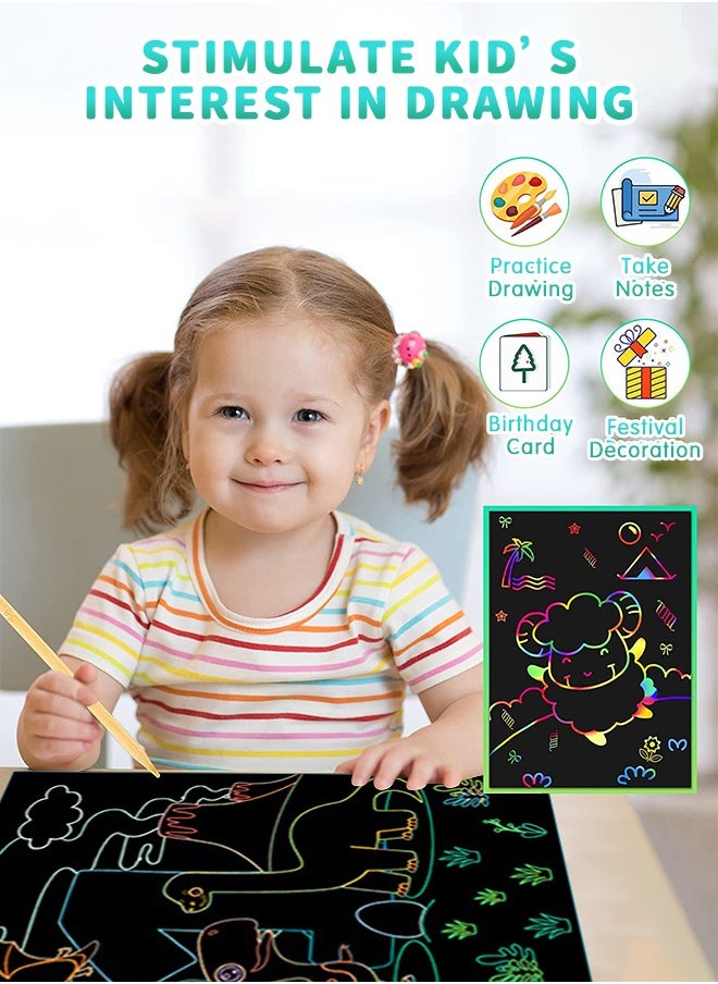 GROIC - 50 Pcs Scratch Art Paper for Kids Magic Scratch Off Paper Set Art Craft Kit Black Scratch Paper Sheets with 4 Stencils 5 Wooden Stylus - Image 1