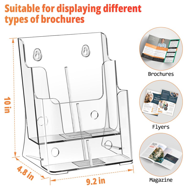FUCDTEFC Acrylic Brochure Holder 8.5x11 & 4 x9 Inches, Clear 2 Tier Literature Magazine Stand Brochure Display Stand w Removable Divider Universal, Pamphlet Flyer Holder for Wall Mount or Countertop - Image 2