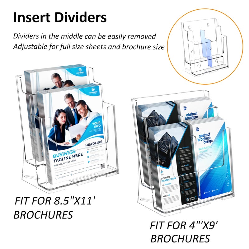FUCDTEFC Acrylic Brochure Holder 8.5x11 & 4 x9 Inches, Clear 2 Tier Literature Magazine Stand Brochure Display Stand w Removable Divider Universal, Pamphlet Flyer Holder for Wall Mount or Countertop - Image 3