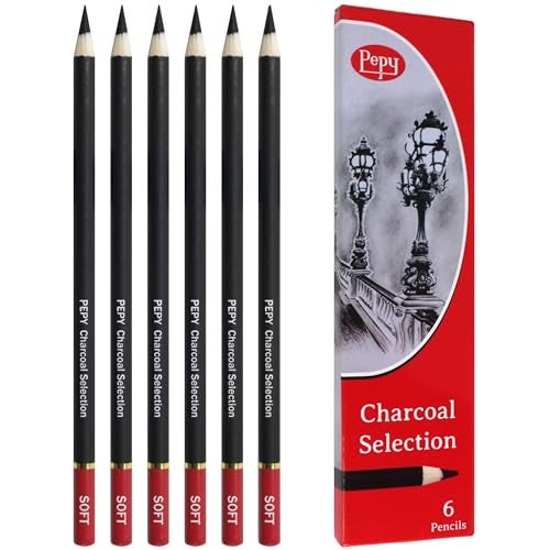 Pepy Professional Soft Charcoal Pencil Set – Set of 6 Pre-Sharpened Black Charcoal Pencils; Perfect for Drawing, Sketching, Blending and Shading - Image 1
