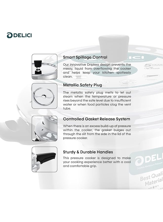 DELICI Dripless 7 Litre Pressure Cooker Adpc7E | 5 Year Warranty | Virgin Aluminium Build | Specially Designed Handle | Food Grade Rubber Gasket | Gasket Release System | Quality Pressure Regulator - Image 5
