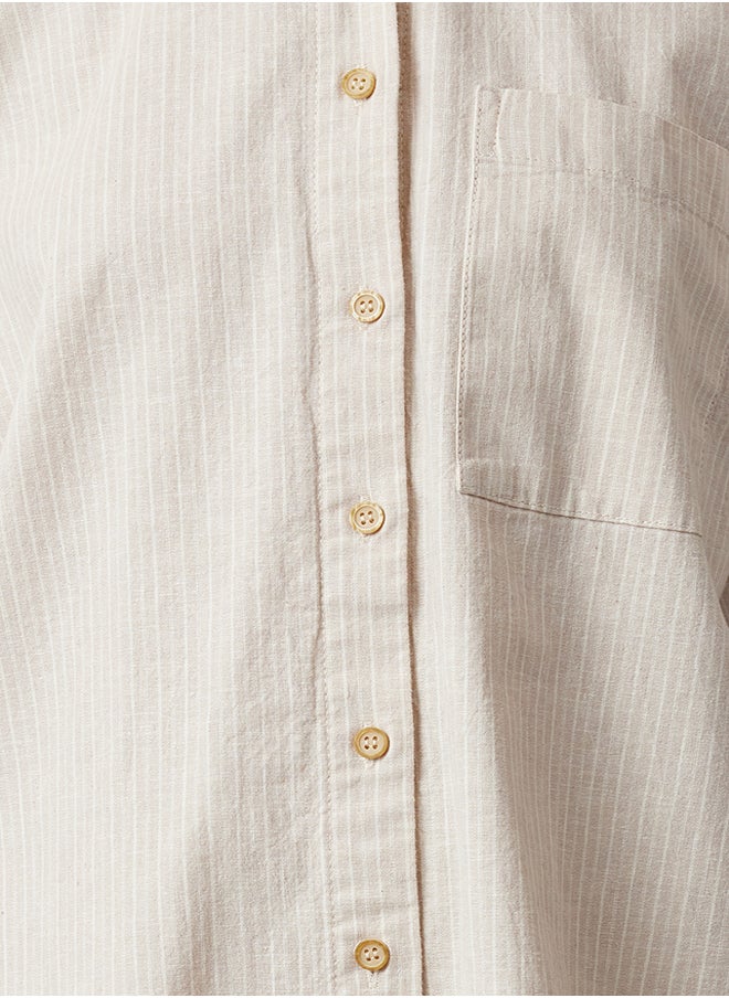 trendyol - Beige Linen Blend Oversize Striped Shirt TWOAW25GO00001 - Image 1