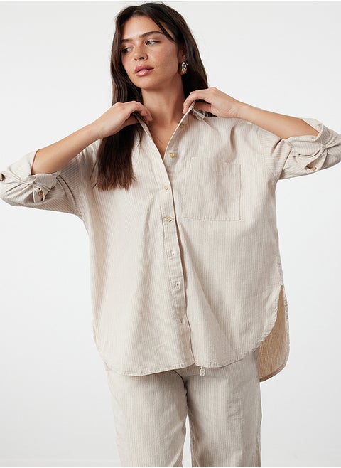 Beige Linen Blend Oversize Striped Shirt TWOAW25GO00001