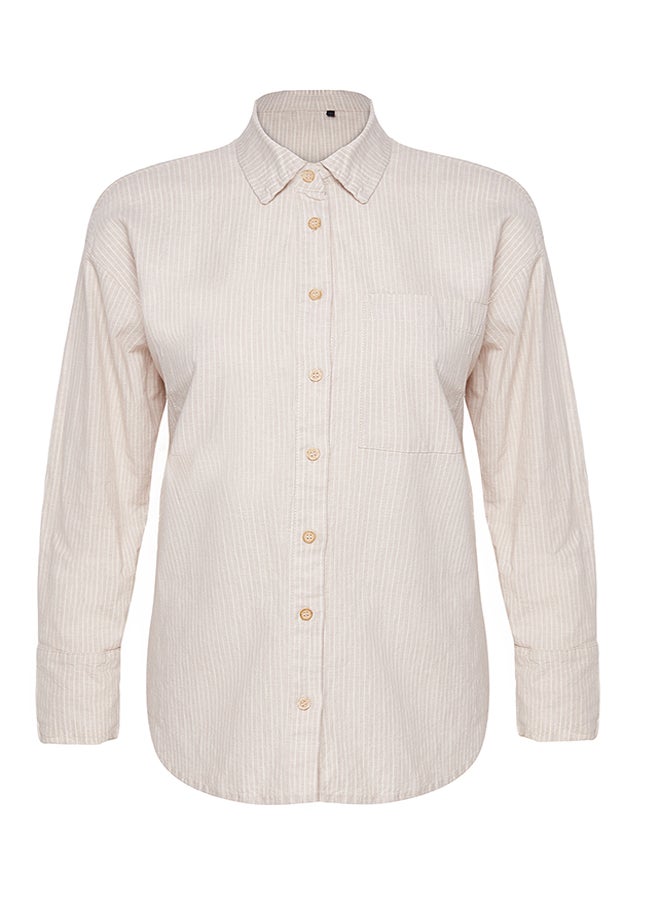 trendyol - Beige Linen Blend Oversize Striped Shirt TWOAW25GO00001 - Image 1
