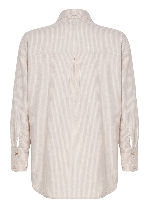 trendyol - Beige Linen Blend Oversize Striped Shirt TWOAW25GO00001 - Image 1
