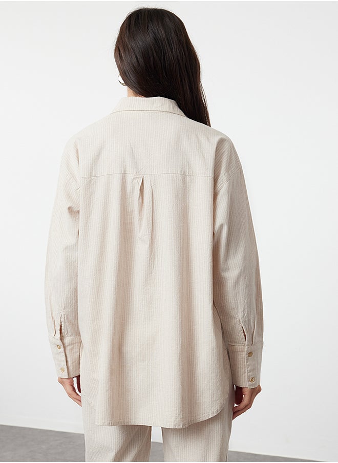 trendyol - Beige Linen Blend Oversize Striped Shirt TWOAW25GO00001 - Image 1