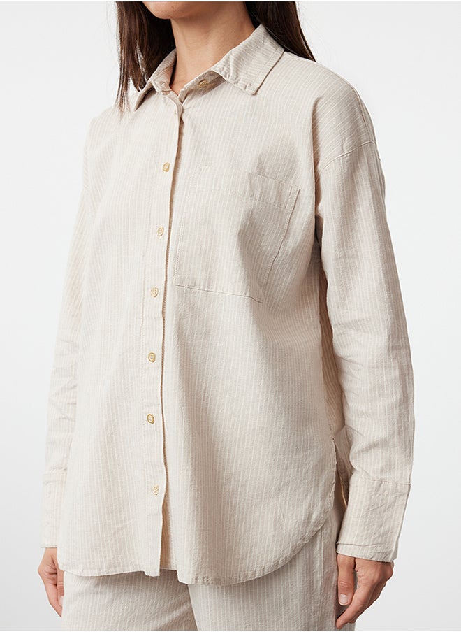 trendyol - Beige Linen Blend Oversize Striped Shirt TWOAW25GO00001 - Image 1