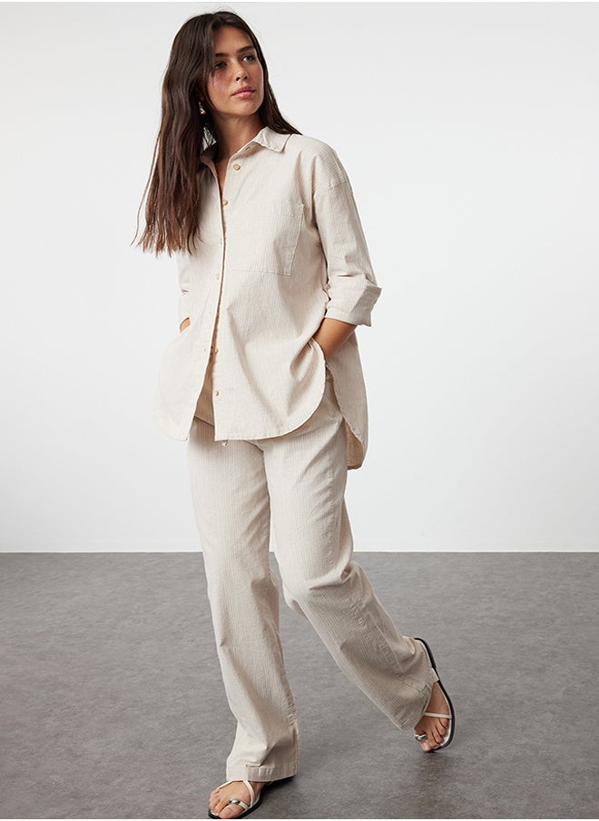 trendyol - Beige Linen Blend Oversize Striped Shirt TWOAW25GO00001 - Image 1