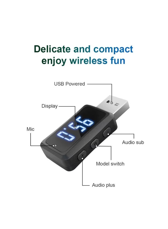 LED Display USB Bluetooth-compatible 5.3 Adapter FM