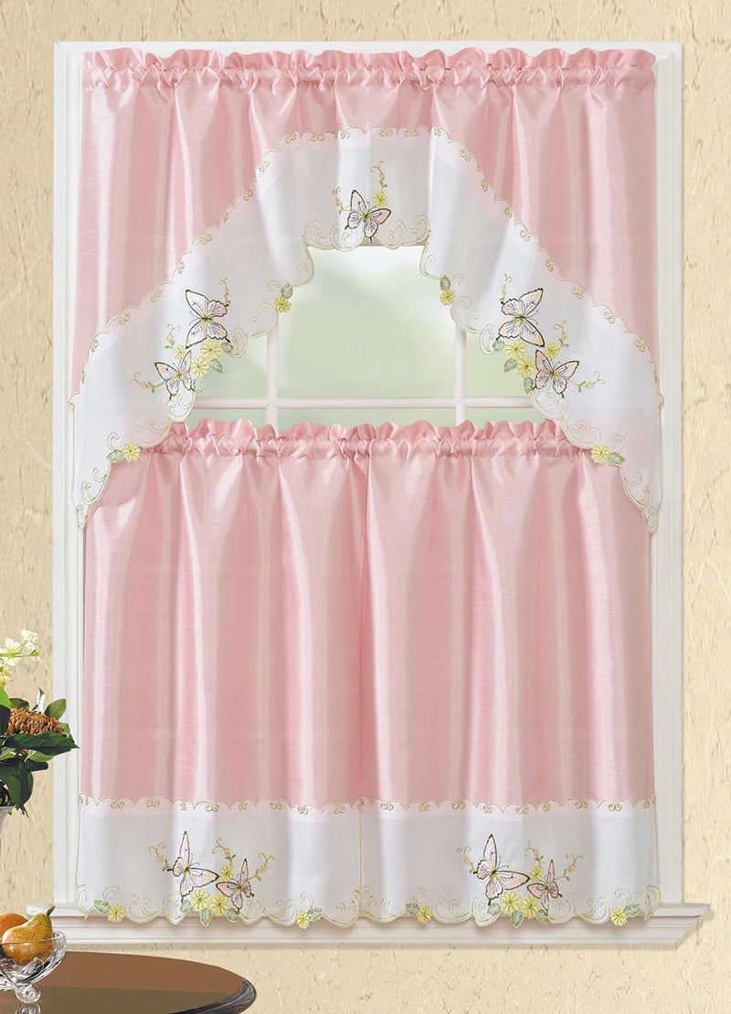 American Linen American Linen 3 Piece Embroidered Window Curtain Set Valance and Tiers with Embroidery Butterfly Pink
