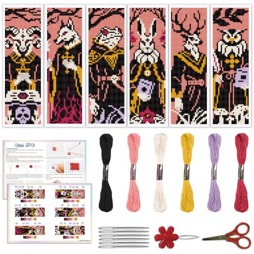 ACRNIGHEET 6PCS Cross Stitch Bookmark Kit for Beginner Stamped Cross Stitch Kits for Adults Gothic Animals DIY Embroidery Bookmark Kits Needlepoint Kit with Instructions Hand Craft Gift 8.5''x3'' 11CT - Image 1