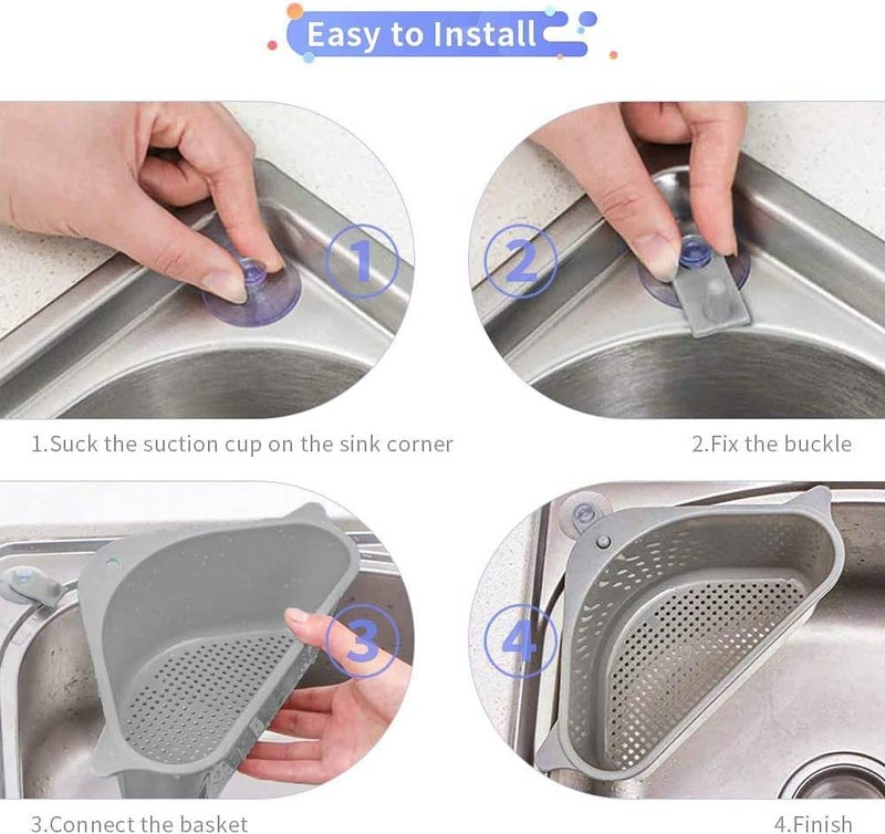FYCAN Sink Strainers Basket,Triangular Sink Drain Shelf Storage Rack with Suction Cup, Multifunctional Sucker Storage Holder for Kitchen Bathroom Support Corner Soap Box Organizer (2 Ps Grey) - Image 4