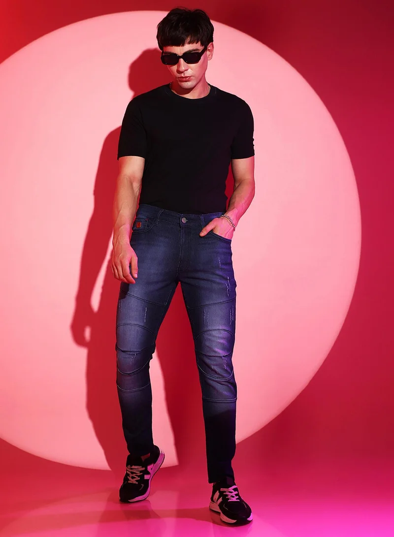 Campus Sutra Men's Classic Navy Blue Dark-Washed Distressed Patterned Denim Jeans | Regular Fit | Premium Stretchable Cotton Mid-Rise Crafted With Comfort Fit and High Performance For Everyday Wear