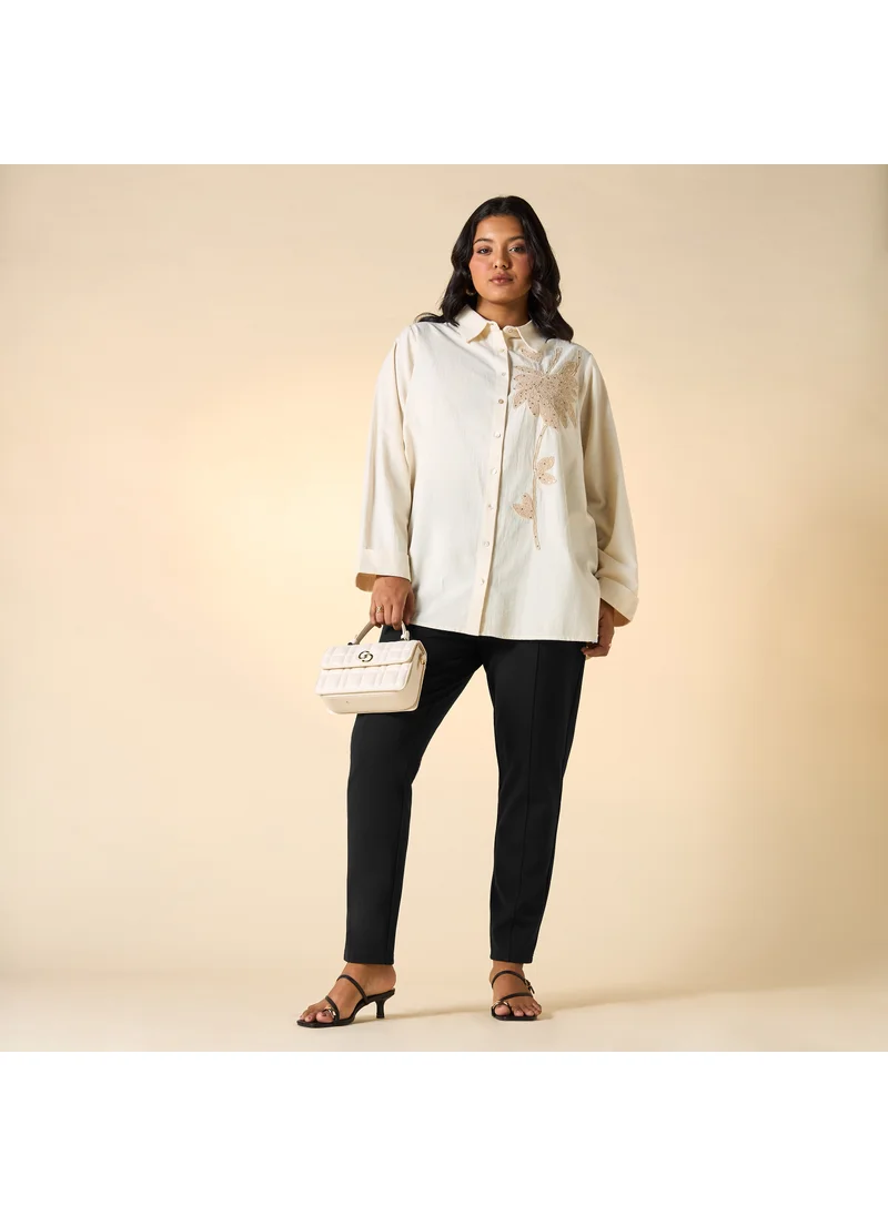  أولا بوبكن Plus Size Ulla Popken Embroidered Shirt with Collar and Long Sleeves