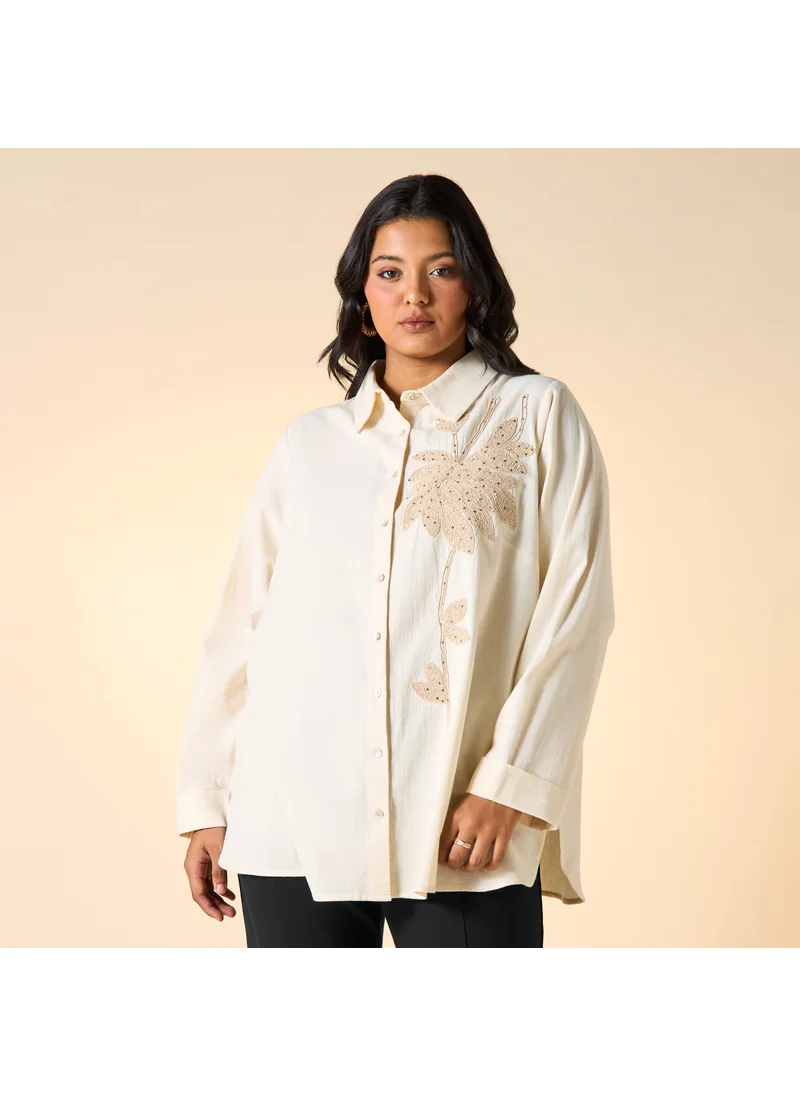  أولا بوبكن Plus Size Ulla Popken Embroidered Shirt with Collar and Long Sleeves