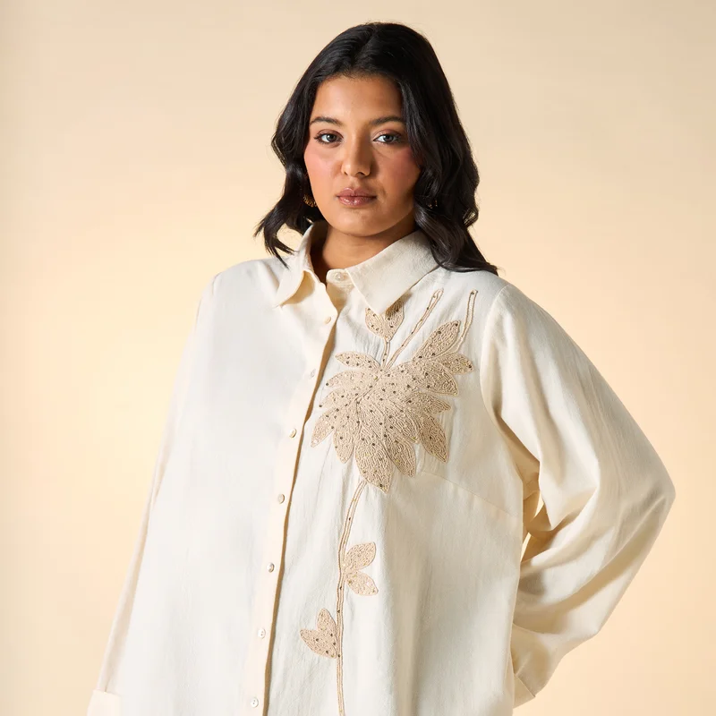 Ulla Popken Plus Size Ulla Popken Embroidered Shirt with Collar and Long Sleeves