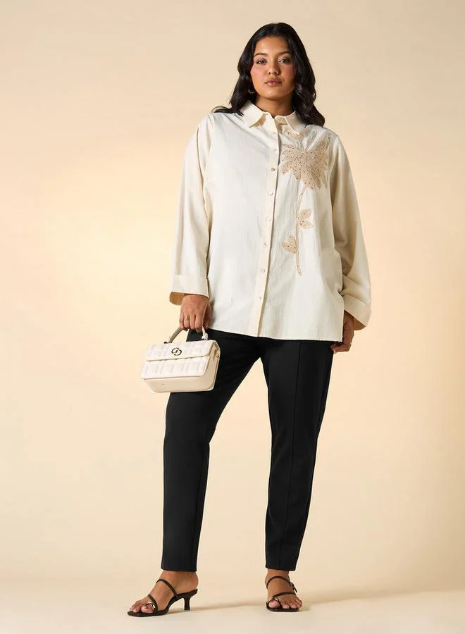 Ulla Popken Plus Size Ulla Popken Embroidered Shirt with Collar and Long Sleeves