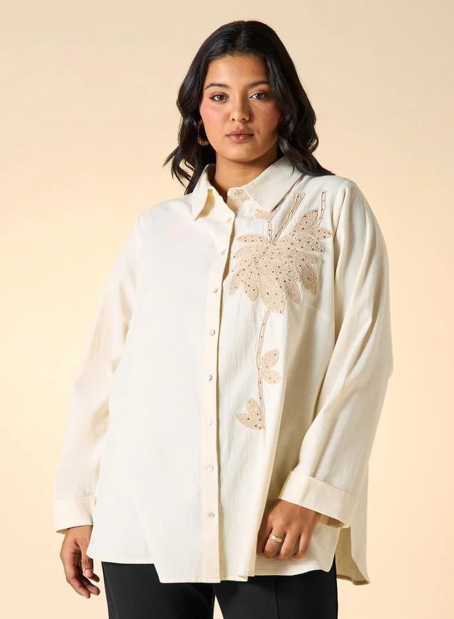 Ulla Popken Plus Size Ulla Popken Embroidered Shirt with Collar and Long Sleeves