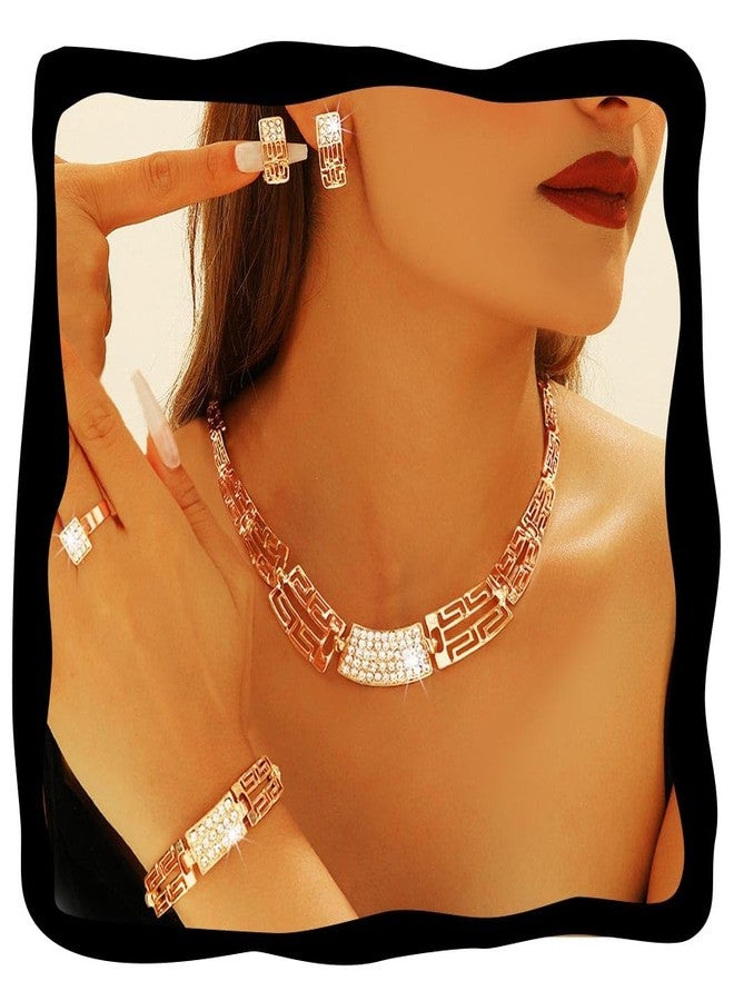 جورايس طقم مجوهرات GORAIS الذهبي المكون من قلادة تشوكر وأقراط مرصعة بأحجار الراين وأساور وخواتم للنساء، مناسب للمناسبات الرسمية - Image 1