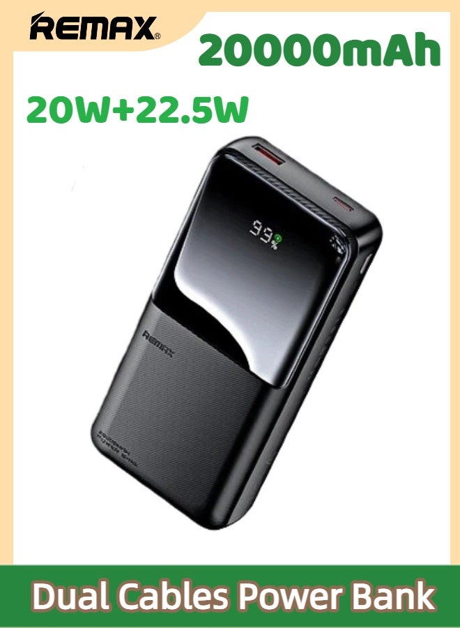 REMAX 20000mAh Dual-Cable Power Bank, 20W+22.5W PD Fast Charging, Built-in Type-C + Lightning Dual Cable, Power Display, Large Capacity Battery, Ultra-Light Portable Design, USB-C, MFi Certified, Compatible With iPhone 17/16/15/14/Air/Pro/ProMax/iPad/Samsung/Xiaomi, Etc. Black - Image 1