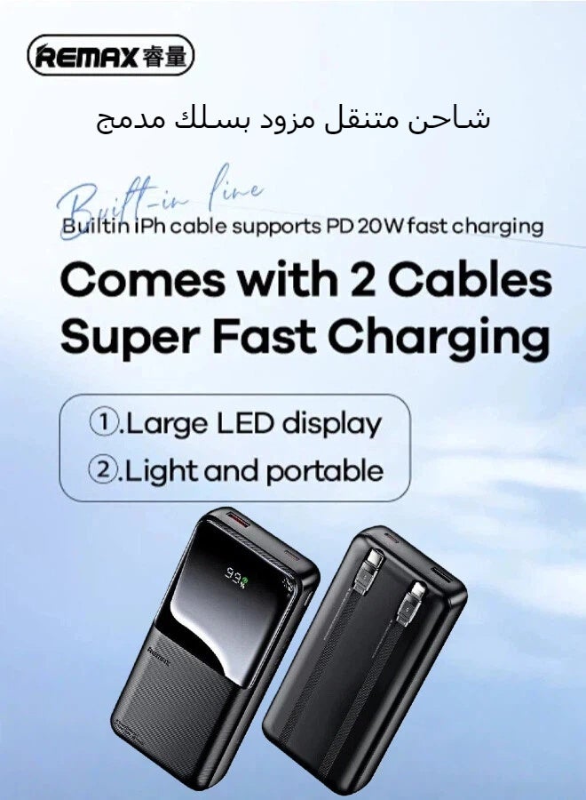 REMAX RPP-680 20000mAh Power Bank, 20W+22.5W PD Fast Charging, Built-in USB Type C + Lightning Dual Cables, LED Power Display, Large Capacity, Ultra-Light Portable, Compatible with Smartphones, Earbuds & Portable Devices (Black) - Image 2