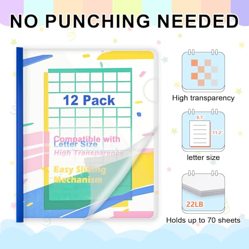 TOTiyea 12 Pack Clear Report Covers with Sliding Bars, 9mm (70 Sheet Capacity) Blue Sliding Bar File Folders, for Letter Size - Image 3