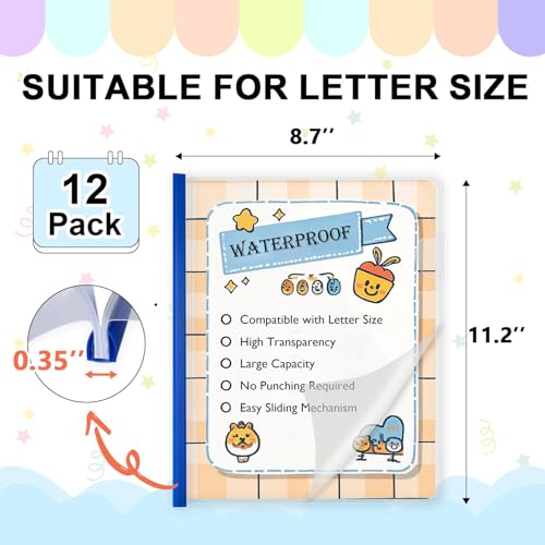 TOTiyea 12 Pack Clear Report Covers with Sliding Bars, 9mm (70 Sheet Capacity) Blue Sliding Bar File Folders, for Letter Size - Image 2