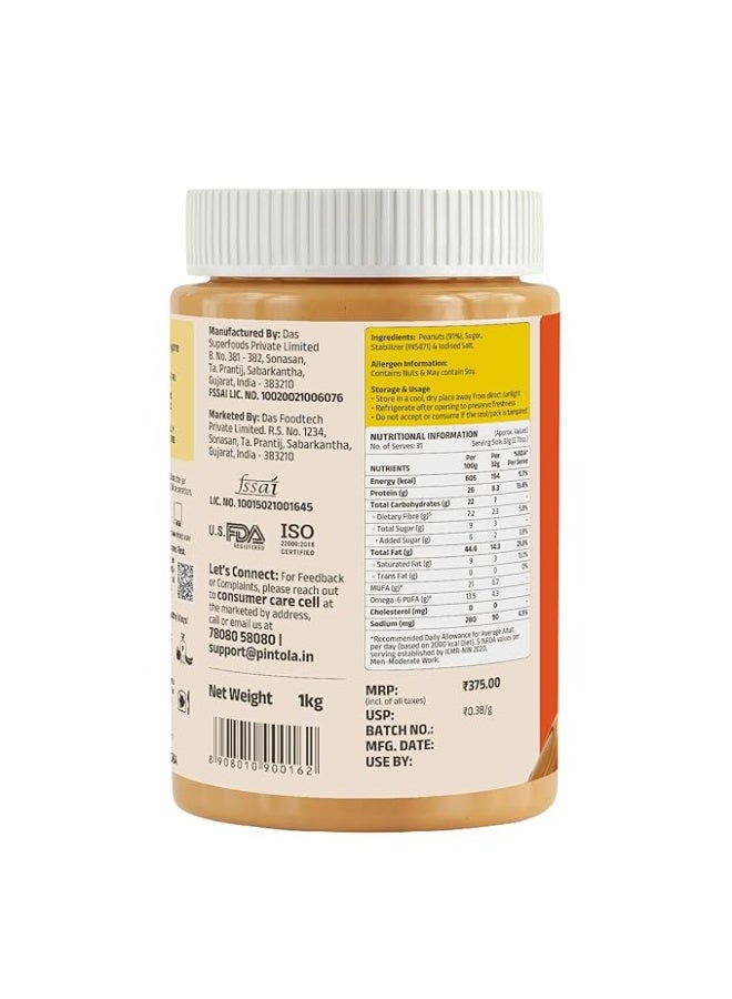 Pintola Original Classic Peanut Butter Creamy 1kg - High Protein, High Fiber, Premium Roasted Nuts, Gluten Free, Zero Trans Fat, MUFA Good Fats, Vit E & B3, Dairy Free - Image 3
